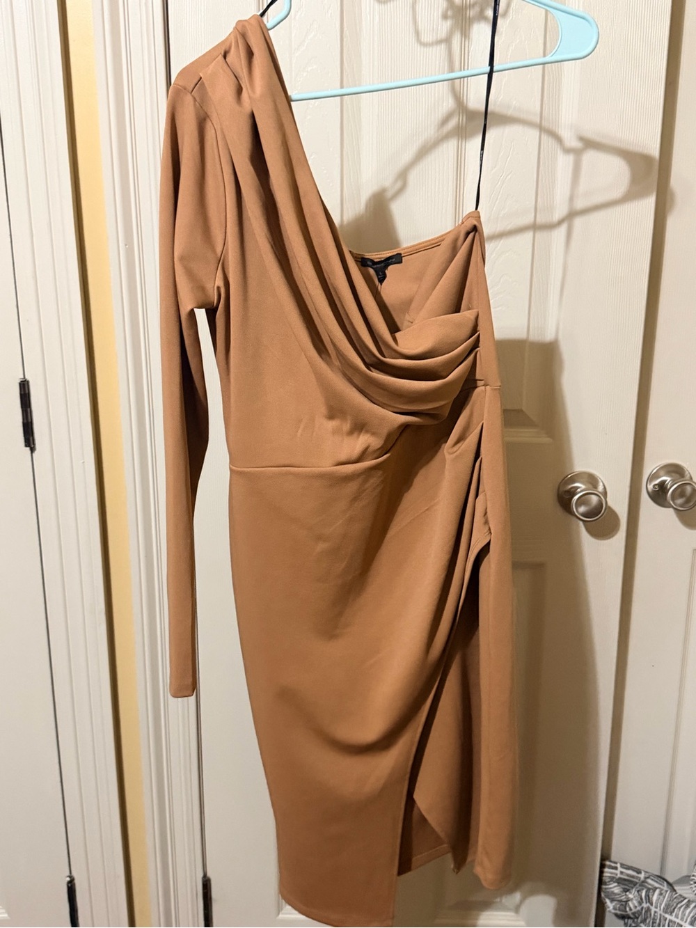 Women’s One-Shoulder Drape Midi Dress - Camel